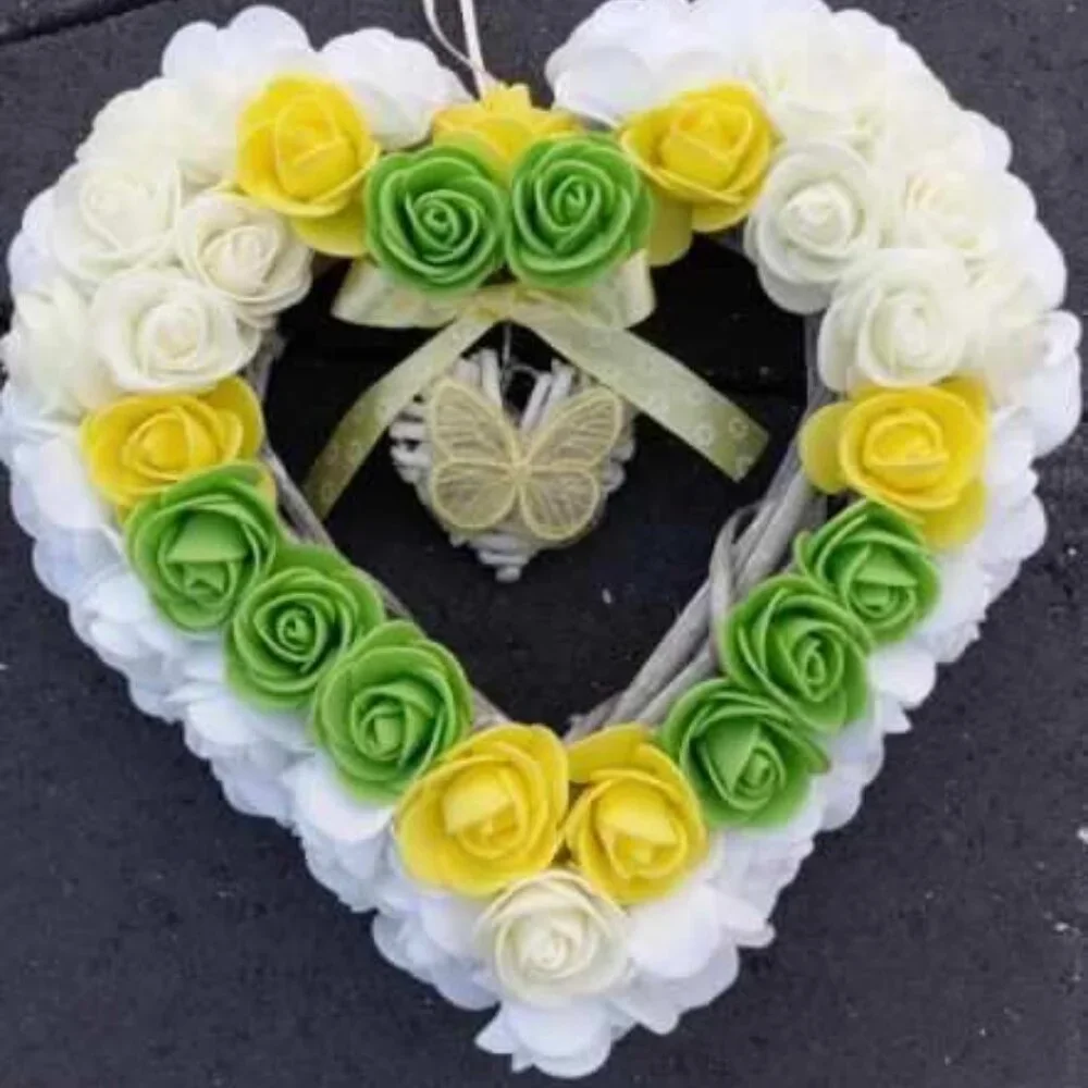 Heart Wreath Yellow Green Foam Roses Wall Hanger Door Home Office Decoration